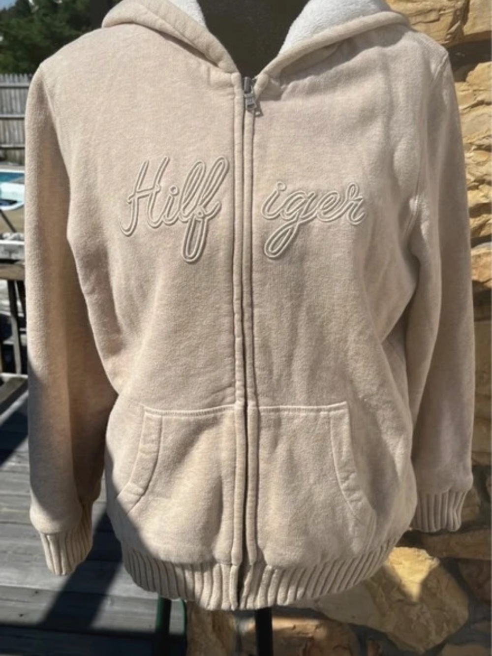 Tommy Hilfiger Cream Hooded Zip-Up Script Logo Varsity Jacket